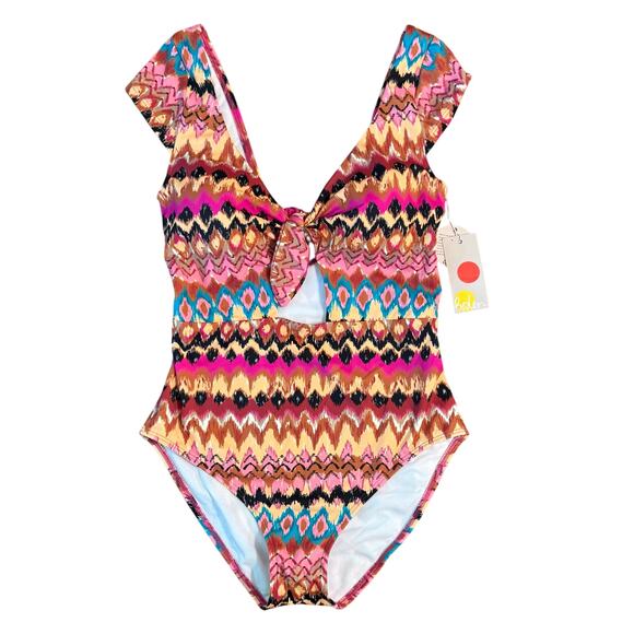 Boden Anthropologie Women’s Ikat Cap Sleeve Tie Cut Out One-Piece Swimsuit Small - Picture 1 of 9